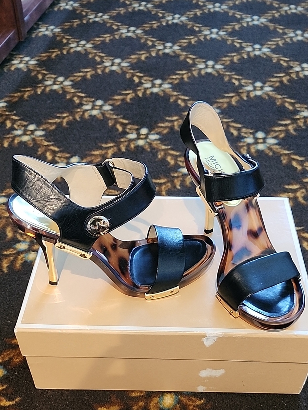 Michael Kors Black Leather Tortoiseshell Sandal Heels